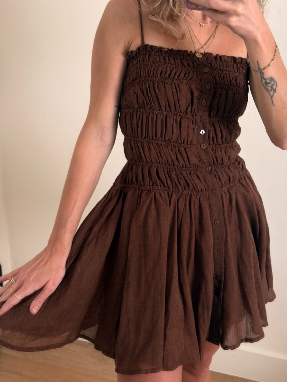 12th Tribe Smocked Mini Dress Brown XS Ruched Button Front NWT - Picture 2 of 8